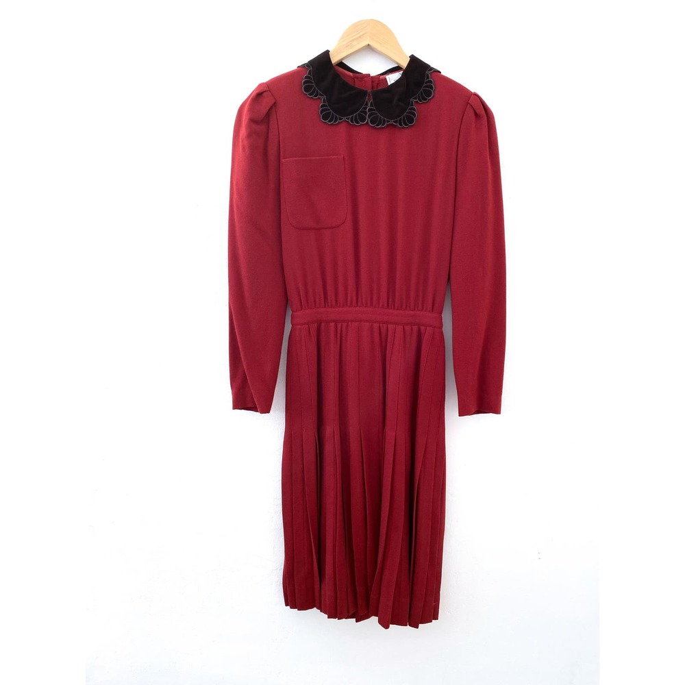 Vintage Valentino‎ Button Back Pleated Dress Wool Red Brown Trim Women's Size 8